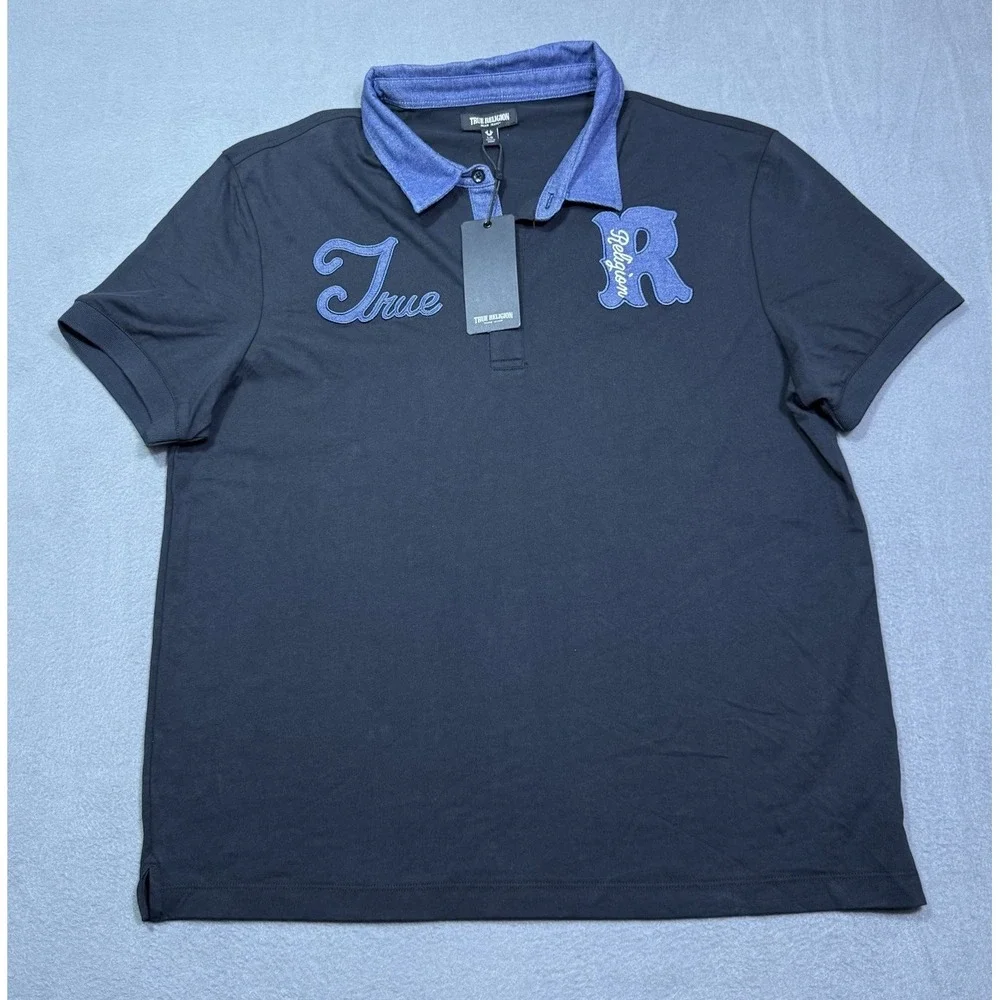 True Religion Polo Shirt Mens L Denim Jersey Big Logo Streetwear Normcore NEW